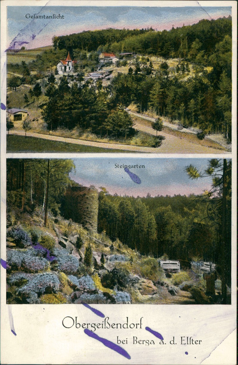 zoom: Image side vintage Postcard from 1929: Obergeißendorf 2 Bild Sommerbad:: Berga (Elster)