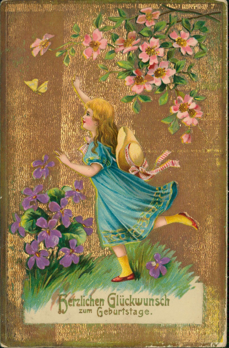 zoom: Image side vintage Postcard from 1910: Geburtstag Birthday Mädchen Schmetterlinge GOLD Hintergrund::