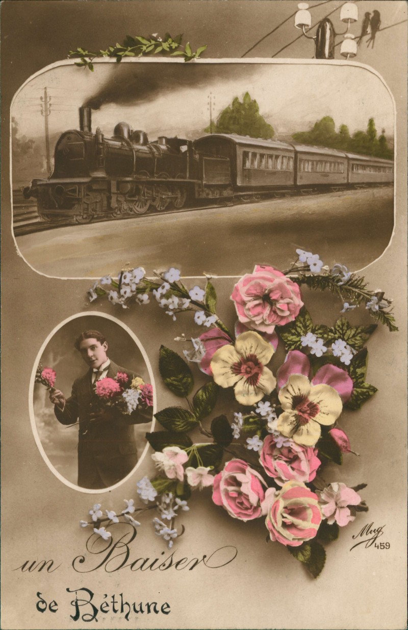 zoom: Image side vintage Postcard from 1915: Dampflokomotive Mann 2 Bild France un Baiser de Bethune::