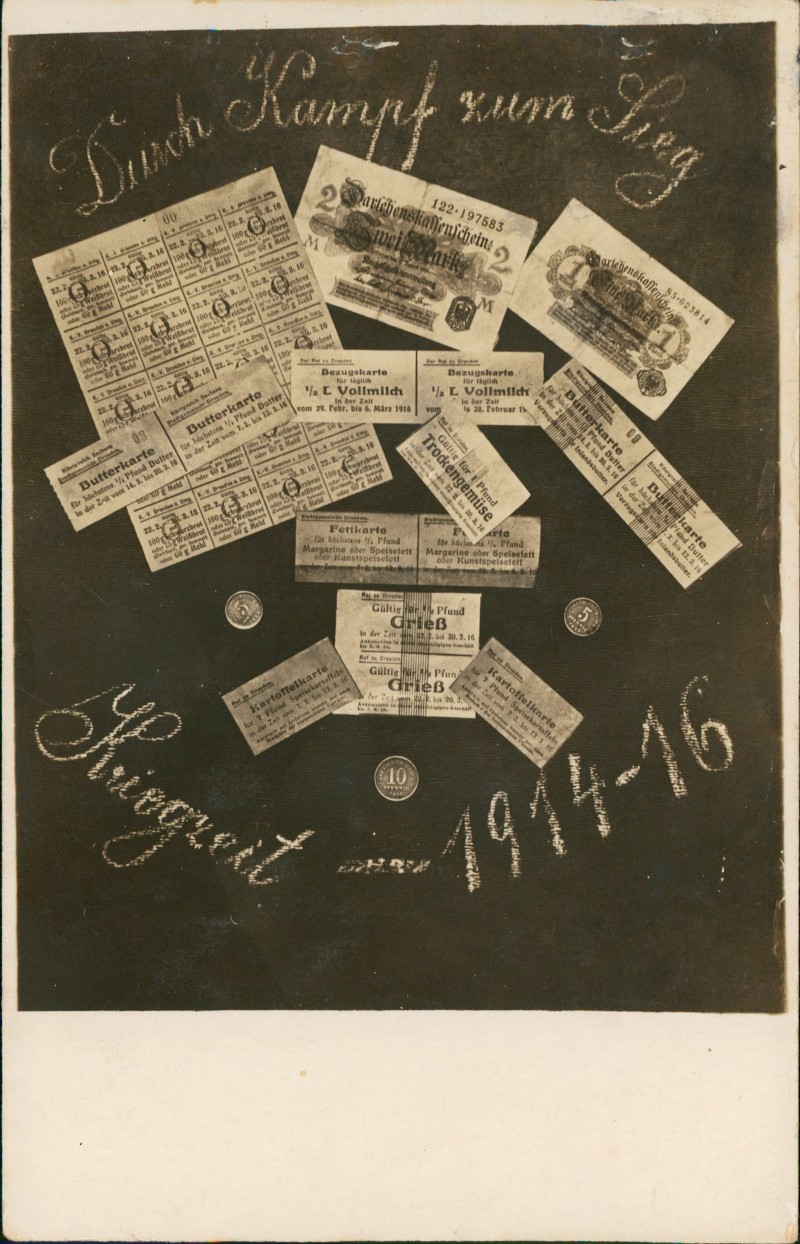 zoom: Image side vintage Postcard from 1916: Fotocollage Essensmarken Kriegszeit WK1 Durch Kampf zum Sieg::