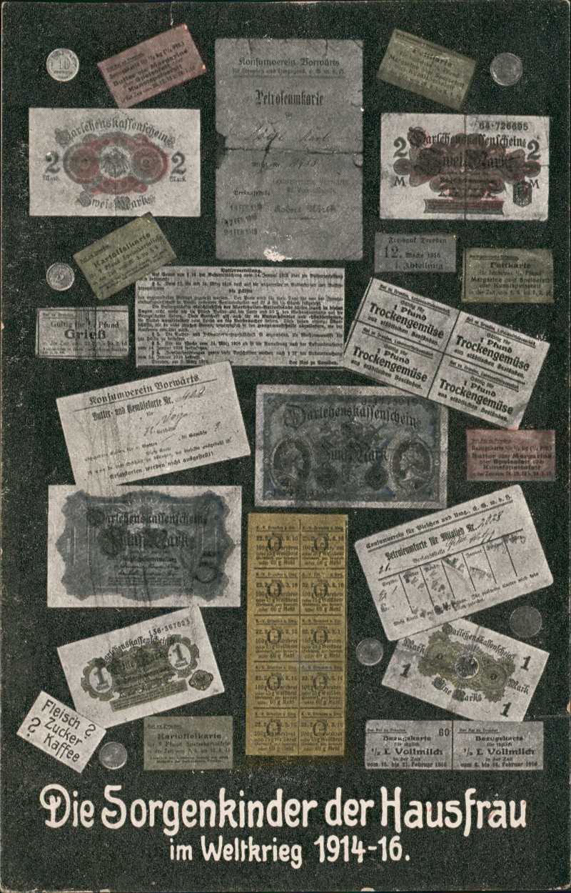 vergrößern: Bildseite historische Ansichtskarte von 1916: Die Sorgenkinder der Hausfrau im Weltkrieg 1914::