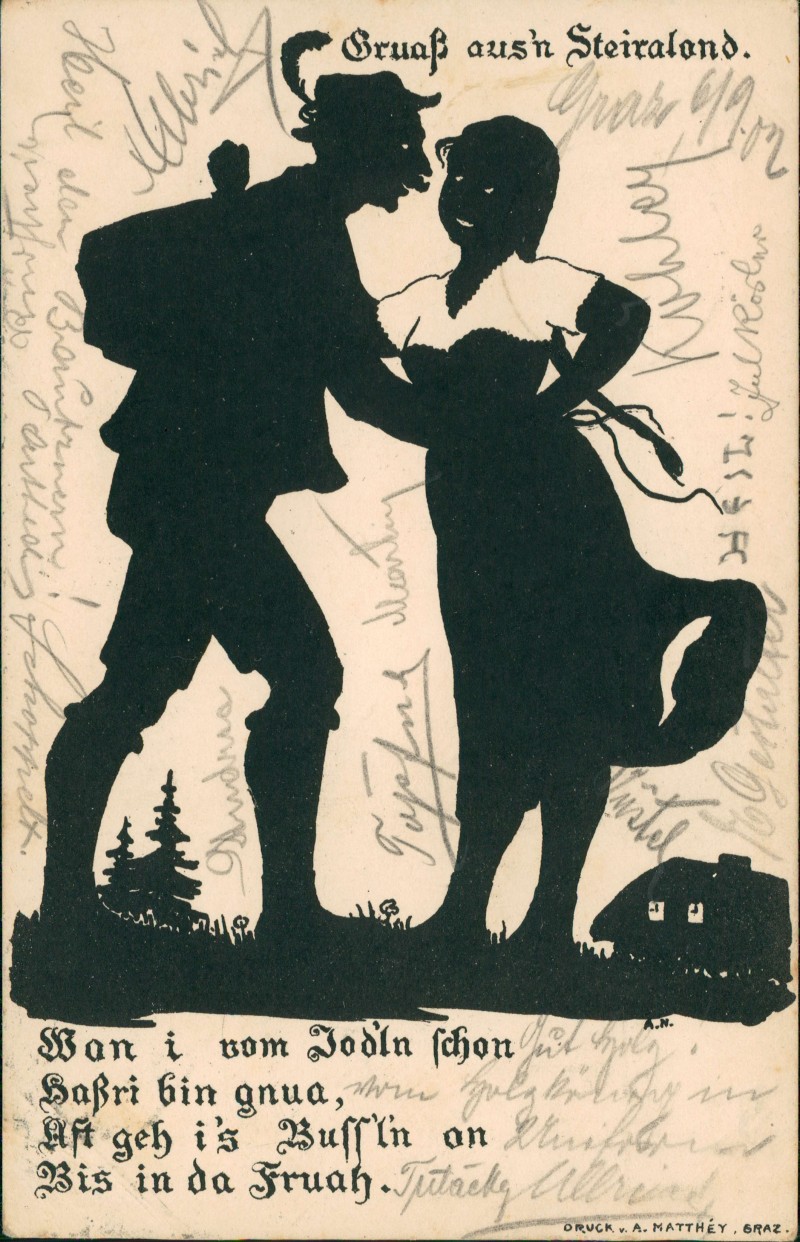 vergrößern: Bildseite historische Ansichtskarte von 1902: Schattenschnitt Steiermark Mann Frau Gruaß aus`n Steiraland.:: .Österreich