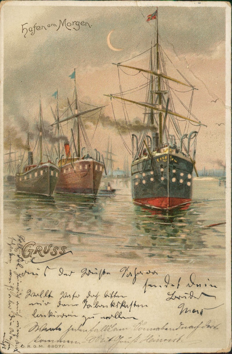 vergrößern: Bildseite historische Ansichtskarte von 1898: Künstlerkarte Hafen am Morgen Dampfer Steamer Mond::