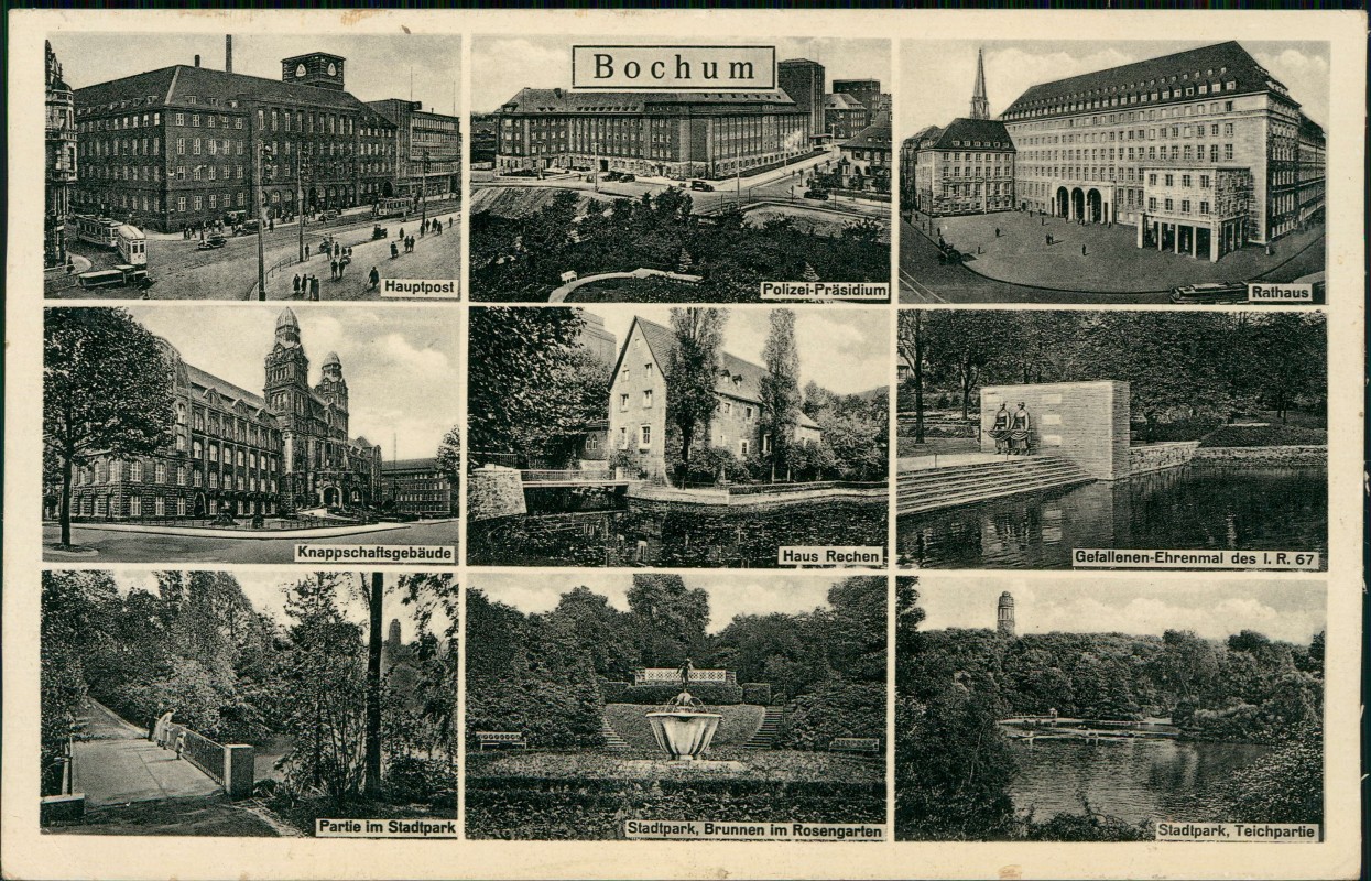 zoom: Image side vintage Postcard from 1939: Post, Polizei, Ehrenmal und Park:: Bochum