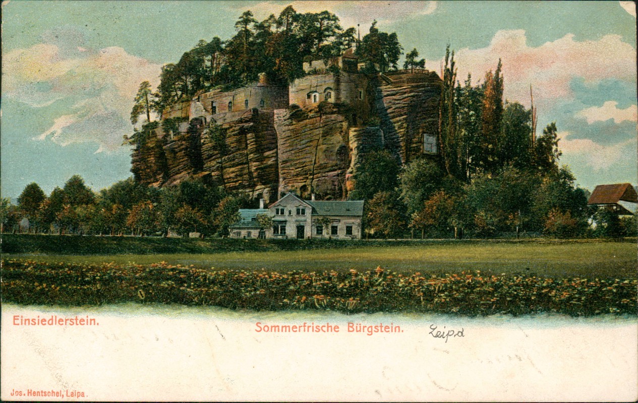 zoom: Image side vintage Postcard from 1908: Einsiedlerstein.:: Sloup v Cechach