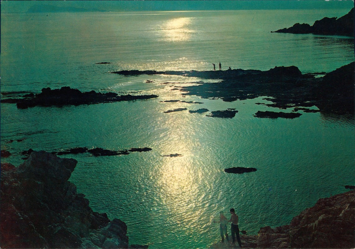zoom: Image side vintage Postcard from 1970: Sonnenuntergang an der Meeresküste:: Teulada