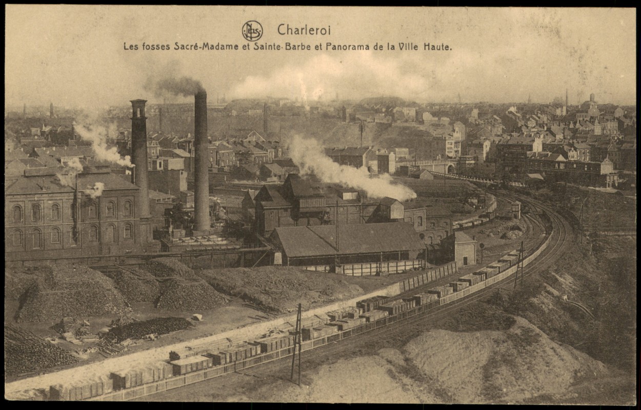 vergrößern: Bildseite historische Ansichtskarte von 1918: Les fosses Sacré-Madame Fabrik:: Charleroi