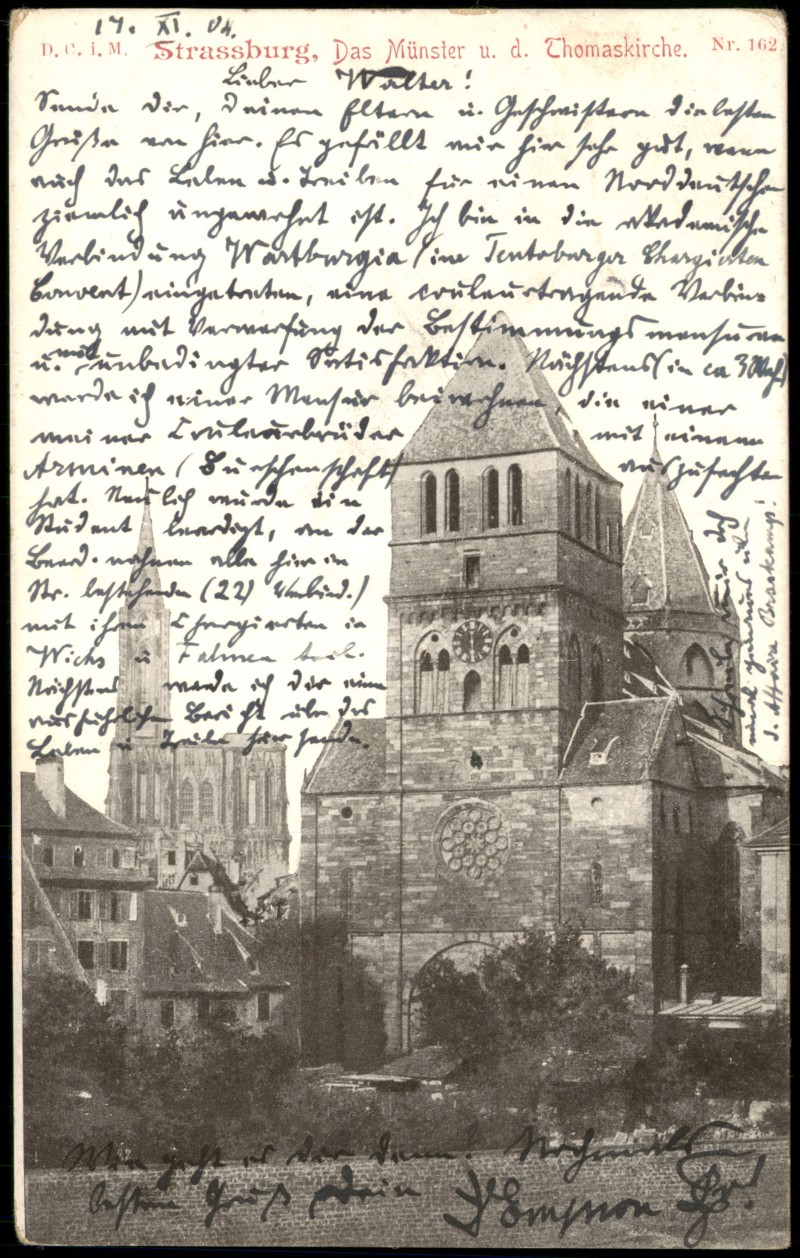 vergrößern: Bildseite historische Ansichtskarte von 1904: Partie a.d. Thomaskirche und Münster:: Straßburg