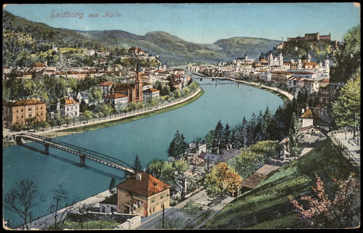 vergrößern: Bildseite historische Ansichtskarte von 1915: Panorama-Ansicht von Mülln:: Salzburg