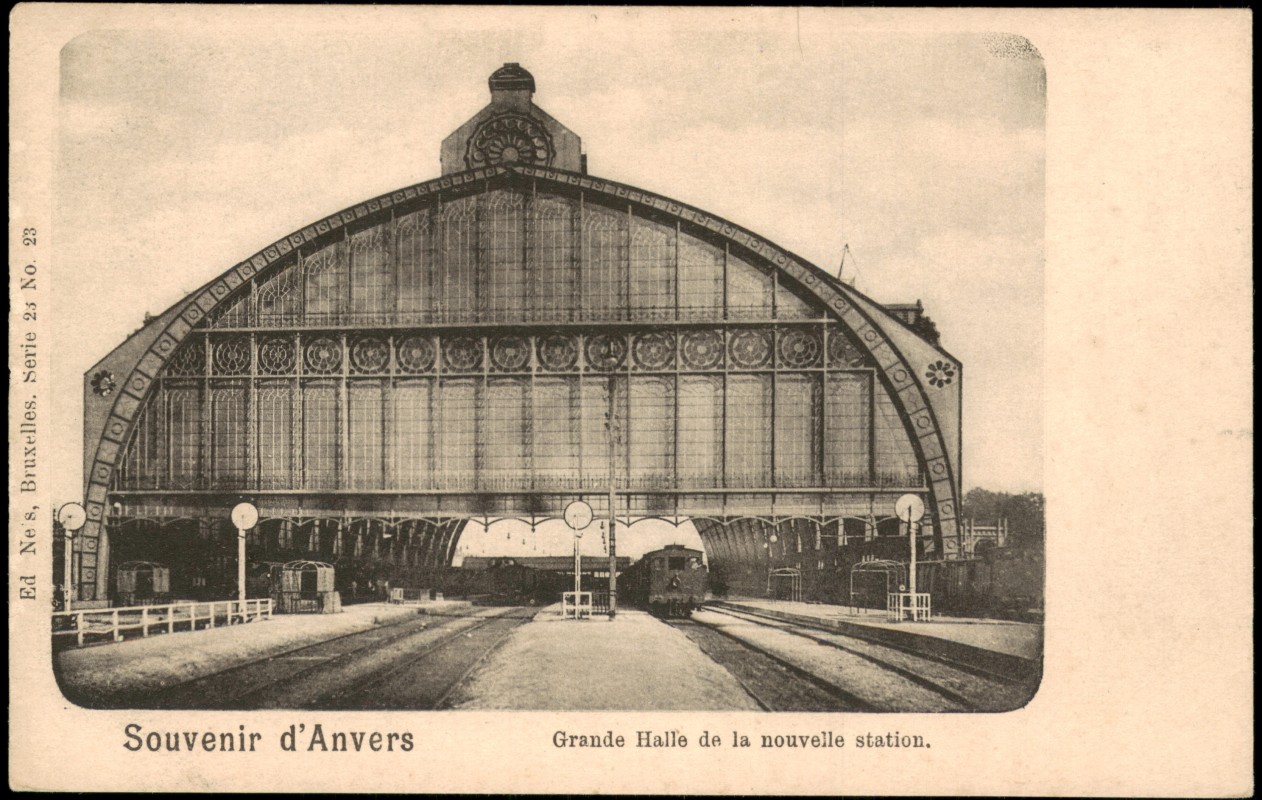 zoom: Image side vintage Postcard from 1900: Grande Halle de la nouvelle station Bahnhof Eisenbahn:: Antwerp