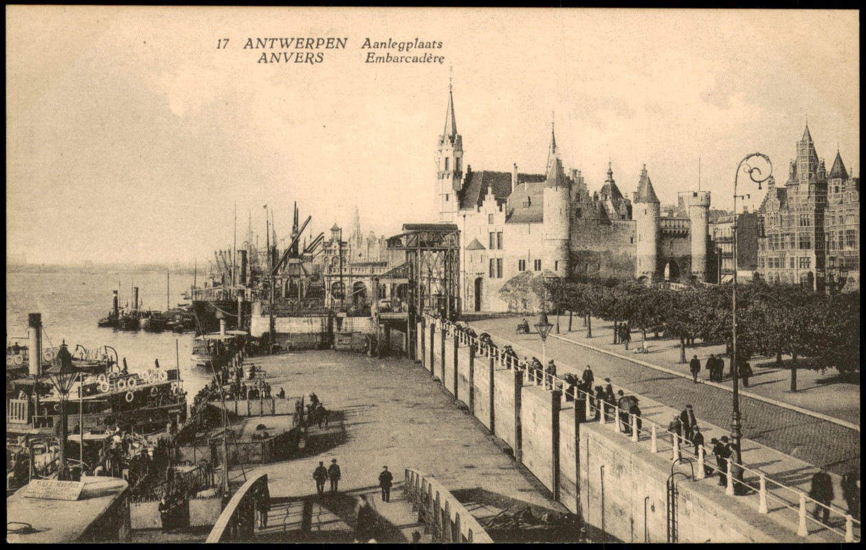 zoom: Image side vintage Postcard from 1910: Panorama-Ansicht Embarcadère Aanlegplaats Hafen-Partie:: Antwerp