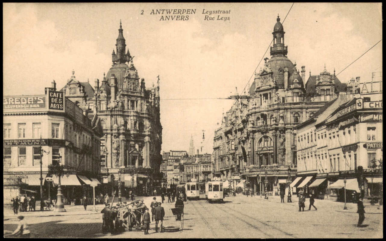 vergrößern: Bildseite historische Ansichtskarte von 1910: Tram Geschäfte in der Leysstraat, Rue Leys:: Antwerpen