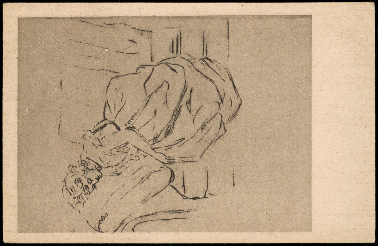 vergrößern: Bildseite historische Ansichtskarte von 1910: Künstlerkarte Christiane Vulpius schlafend Zeichnung von Goethe::