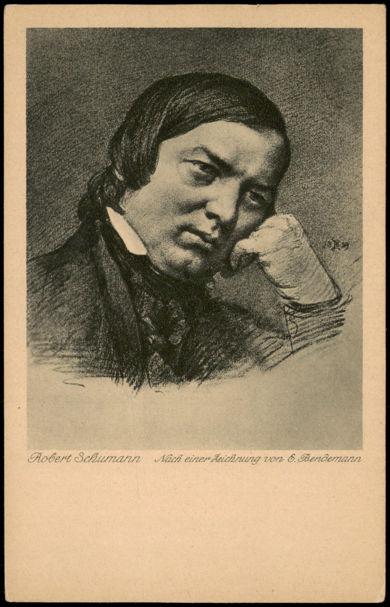 vergrößern: Bildseite historische Ansichtskarte von 1920: Künstlerkarte Gemälde Robert Schumann nach Zeichnung von Bendemann::