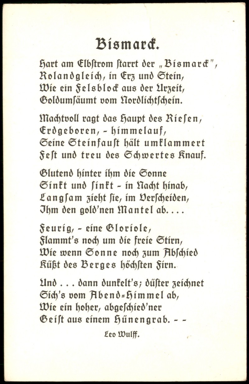 vergrößern: Bildseite historische Ansichtskarte von 1910: Otto von Bismarck (Erinnerungs-Text von Leo Wulff)::
