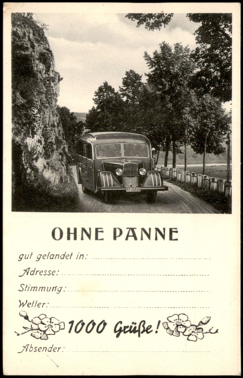 zoom: Image side vintage Postcard from 1950: Verkehr KFZ - Bus OHNE PANNE gut gelandet in ...::