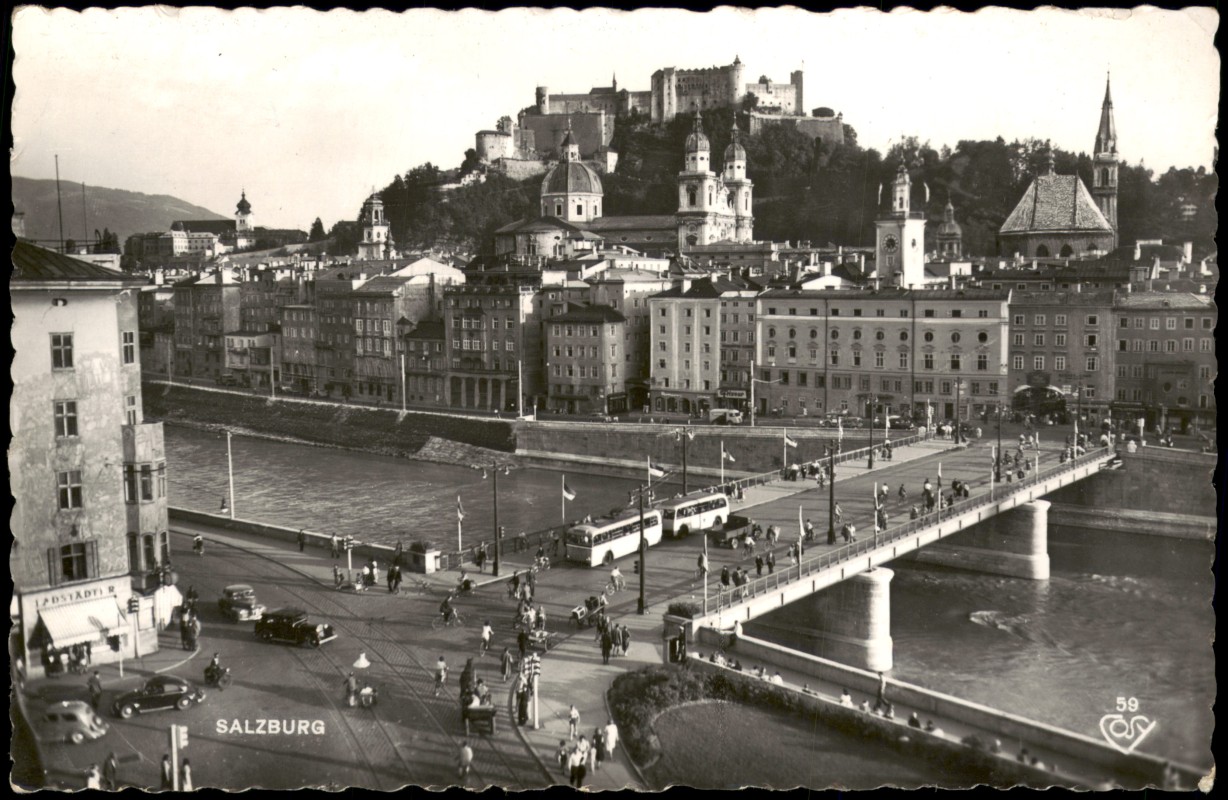 vergrößern: Bildseite historische Ansichtskarte von 1958: Stadtpartie - Brücke:: Salzburg