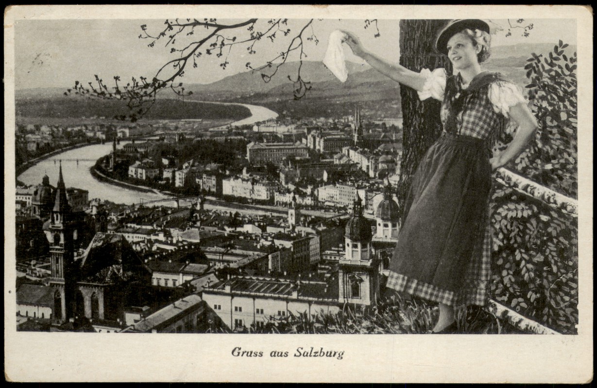vergrößern: Bildseite historische Ansichtskarte von 1967: Winkende Frau am Baum - Stadt:: Salzburg