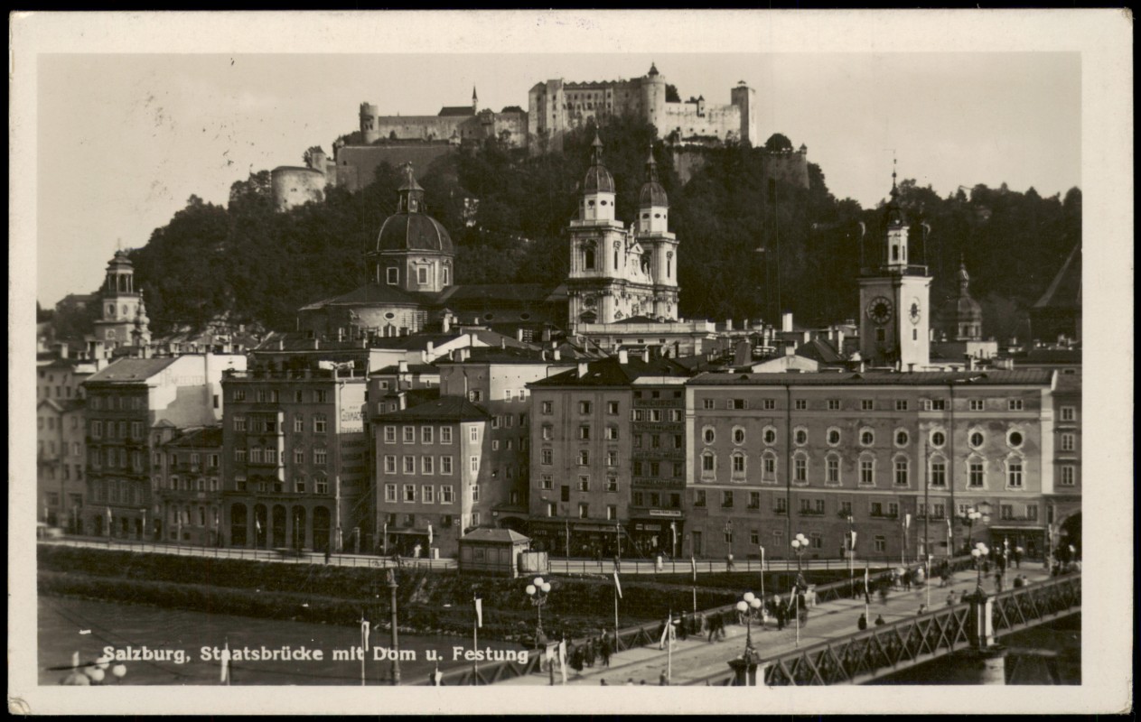 zoom: Image side vintage Postcard from 1934: Staatsbrücke mit Dom u. Festung - Fotokarte:: Salzburg