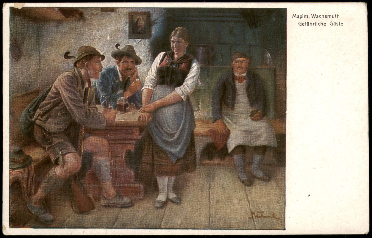 zoom: Image side vintage Postcard from 1922: Künstlerkarte Gemälde Kunstwerke  Gefährliche Gäste  Maxim. Wachsmuth::