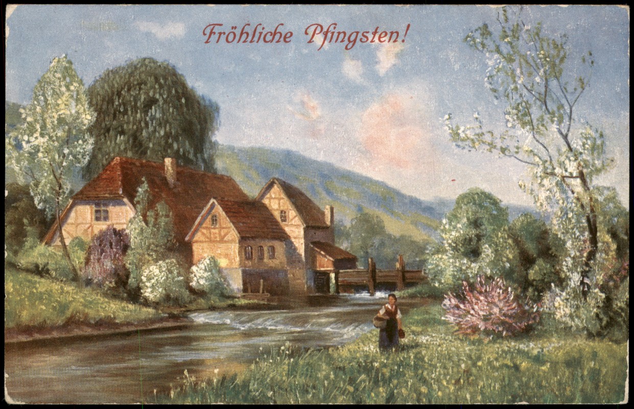 zoom: Image side vintage Postcard from 1915: Pfingsten Pentecost Ortspartie Baumblüte::