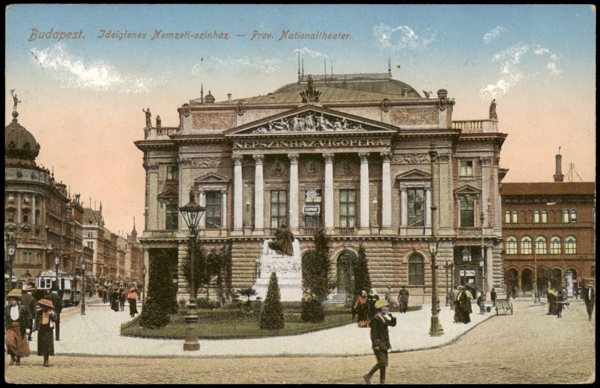 vergrößern: Bildseite historische Ansichtskarte von 1916: Prov. Nationaltheater. Straße:: Budapest