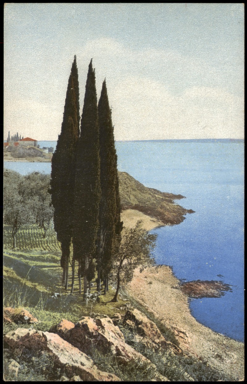 vergrößern: Bildseite historische Ansichtskarte von 1910: Photochromiekarte Stimmungsbild Natur Landschaft See (vermtl. Italien)::