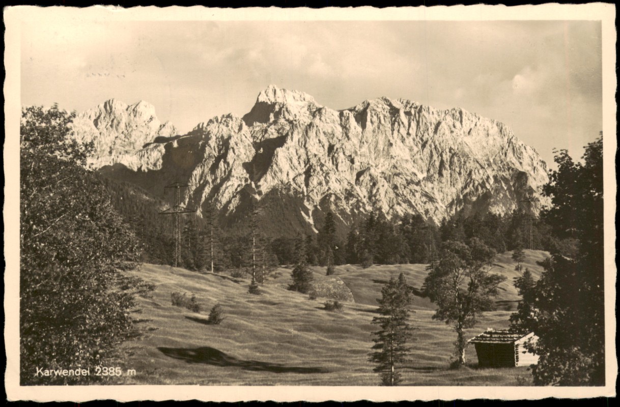 vergrößern: Bildseite historische Ansichtskarte von 1935: Berge Alpen Karwendel Karwendelgebirge:: Mittenwald