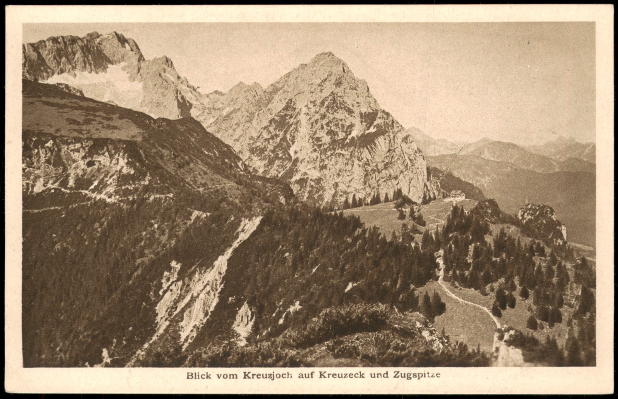 vergrößern: Bildseite historische Ansichtskarte von 1925: Umland-Ansicht Blick vom Kreuzjoch auf Kreuzeck und Zugspitze:: Garmisch-Partenkirchen