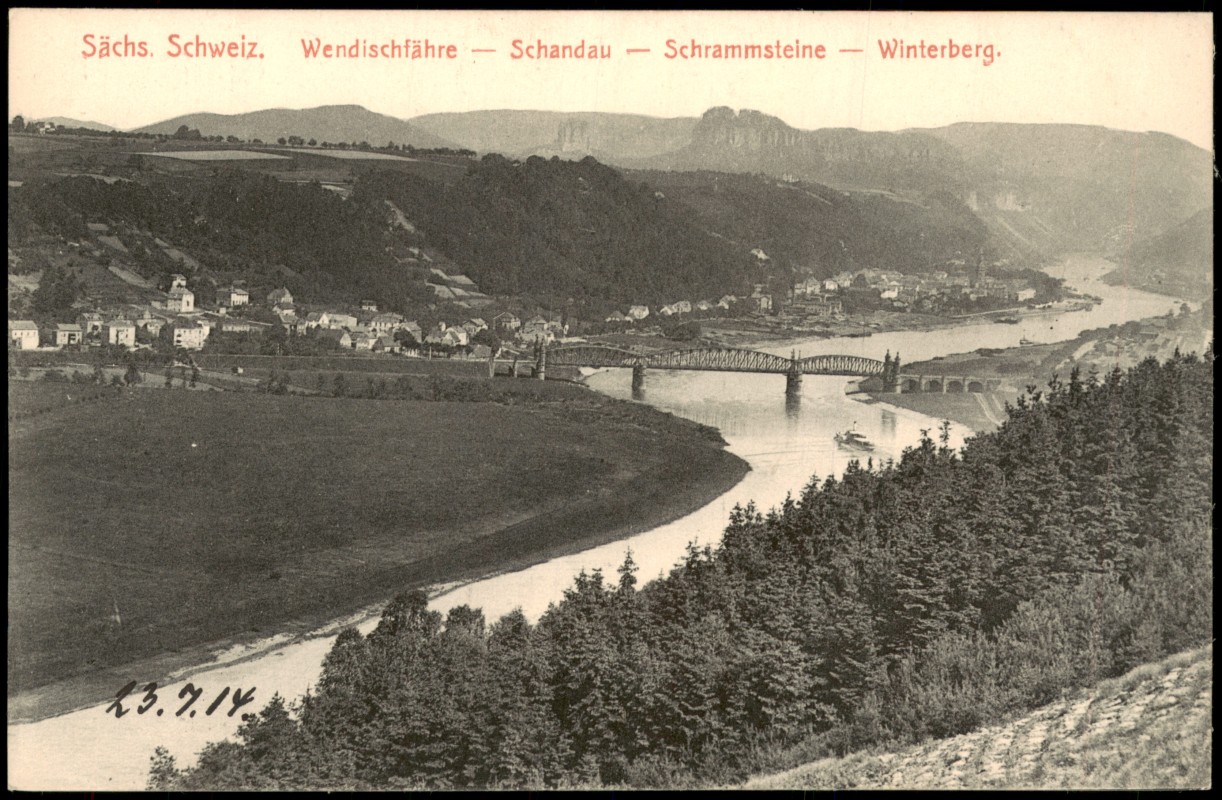 zoom: Image side vintage Postcard from 1910: Panorama Sächs. Schweiz Wendischfähre Schrammstein Winterberg:: Bad Schandau