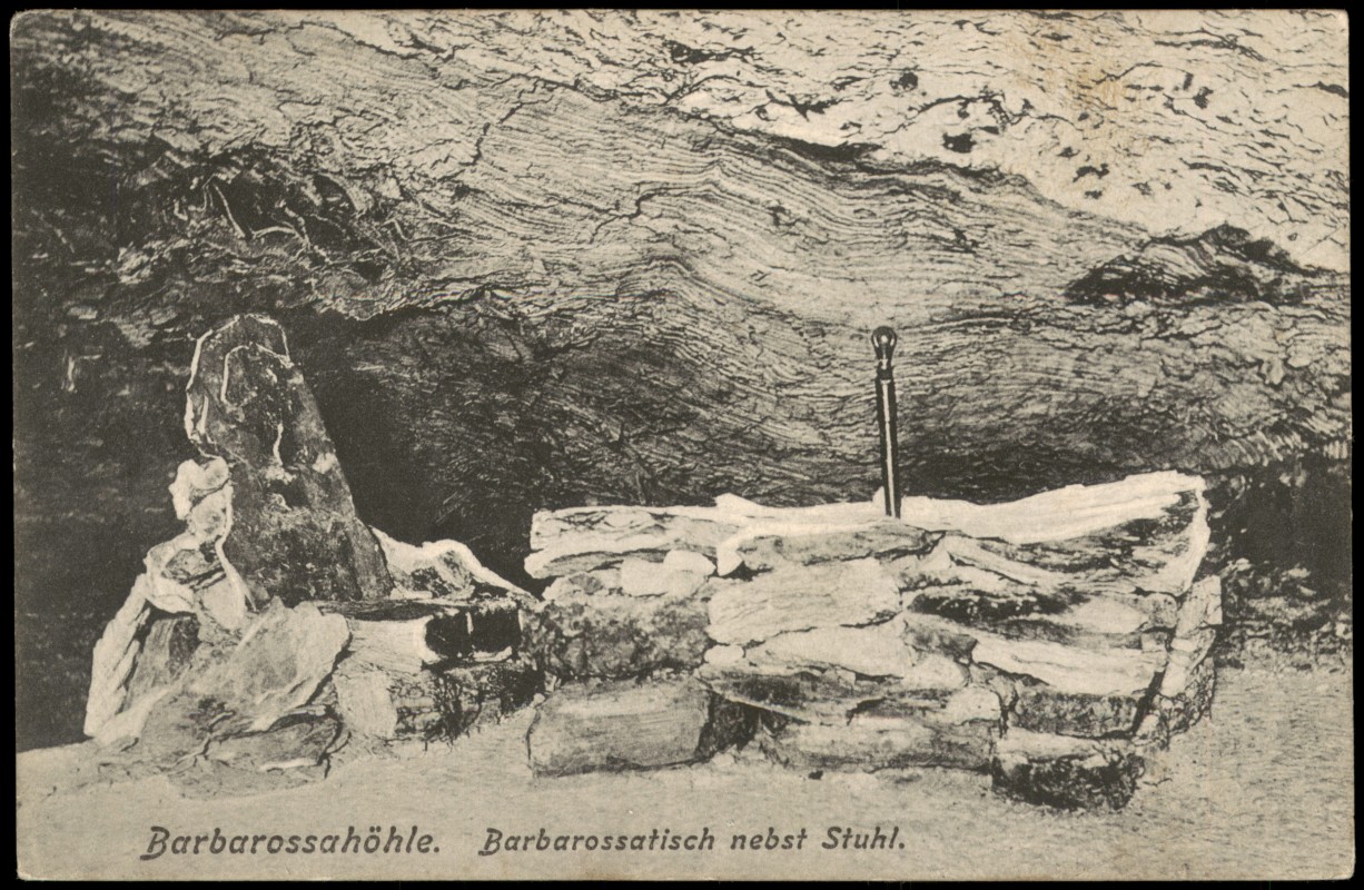 zoom: Image side vintage Postcard from 1907: Barbarossahöhle Barbarossatisch nebst Stuhl:: Rottleben (Thüringen)