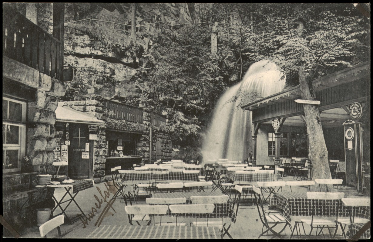 zoom: Image side vintage Postcard from 1910: Gaststätte am Wasserfall Amselfall Sächs. Schweiz:: Rathen