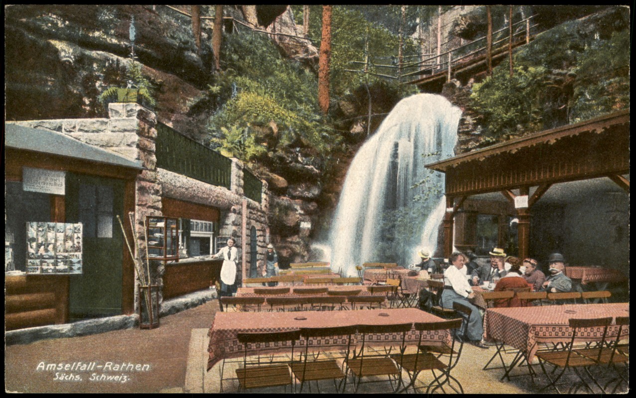 vergrößern: Bildseite historische Ansichtskarte von 1913: Amselfall Restaurant Kiosk:: Rathewalde