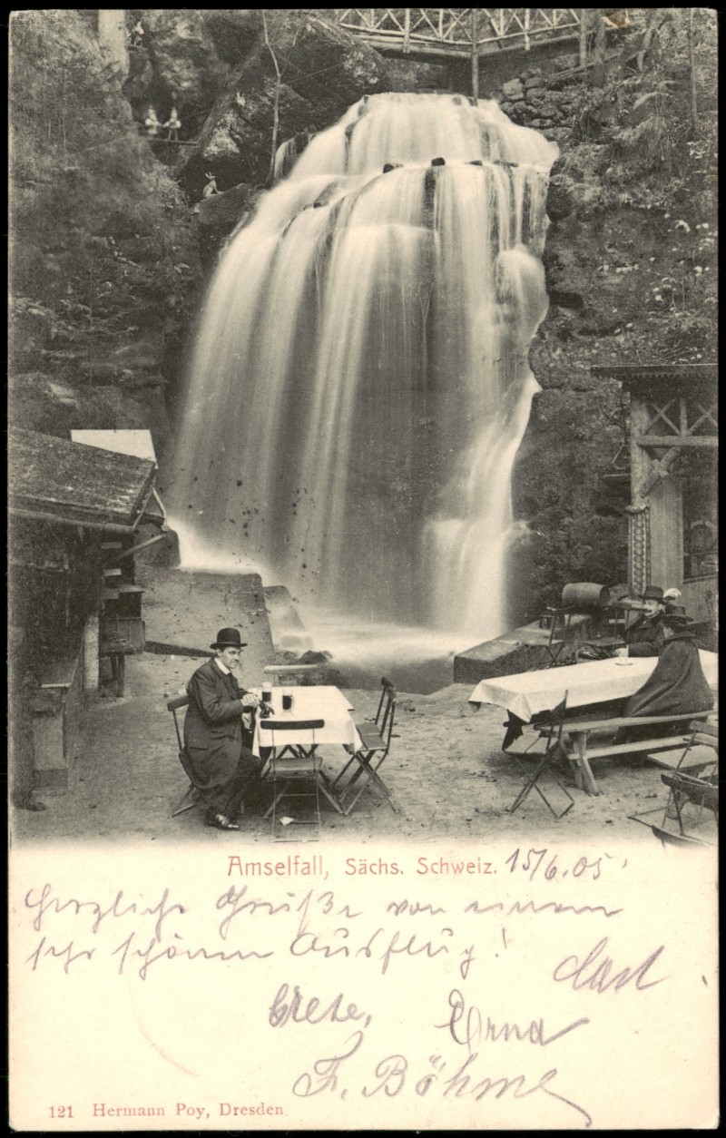 zoom: Image side vintage Postcard from 1905: Amselfall (Elbsandsteingebirge) Lokal Außensitz Gäste:: Rathen