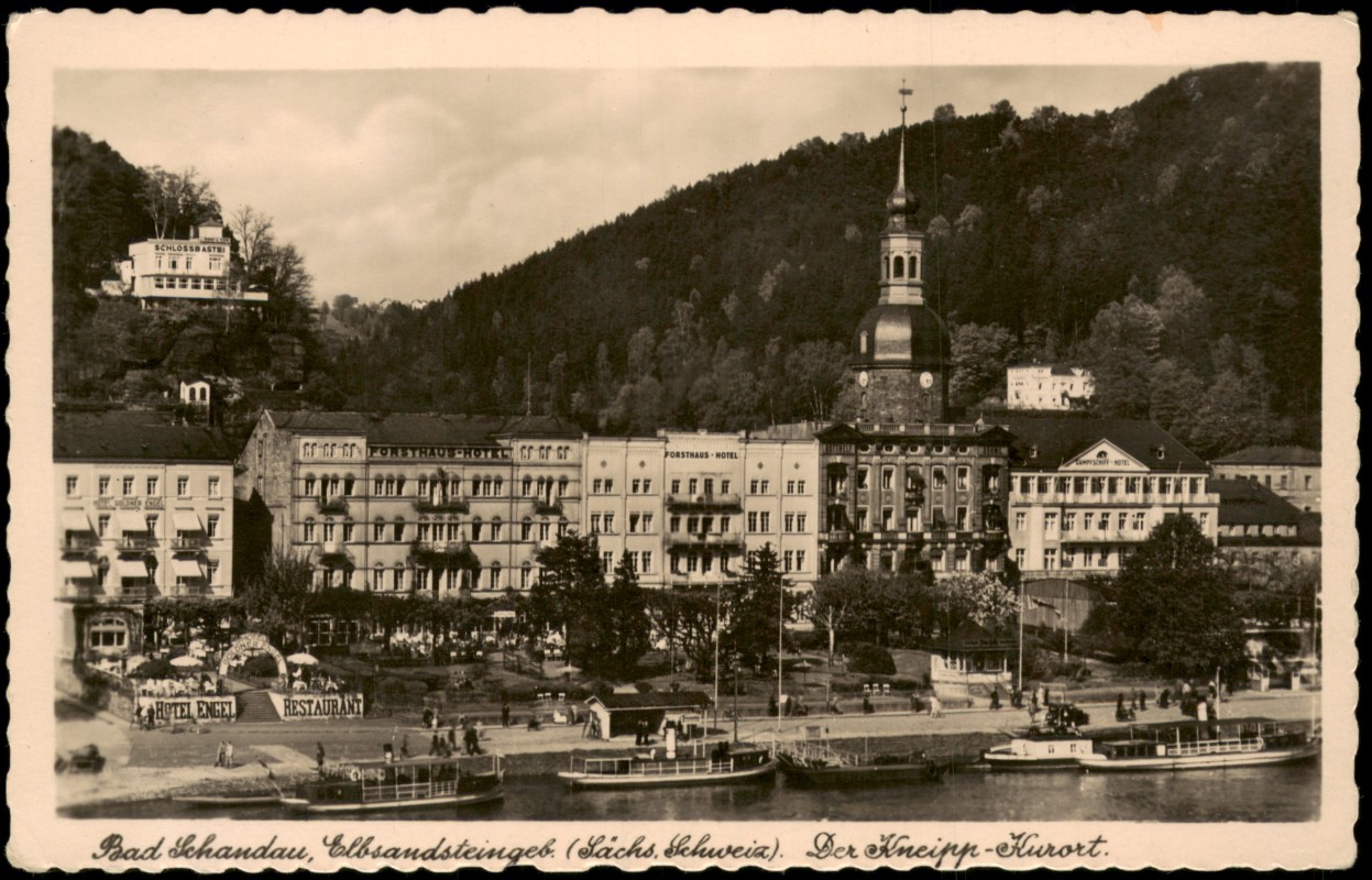 zoom: Image side vintage Postcard from 1930: Stadt Fähren und Schlossbastei:: Bad Schandau