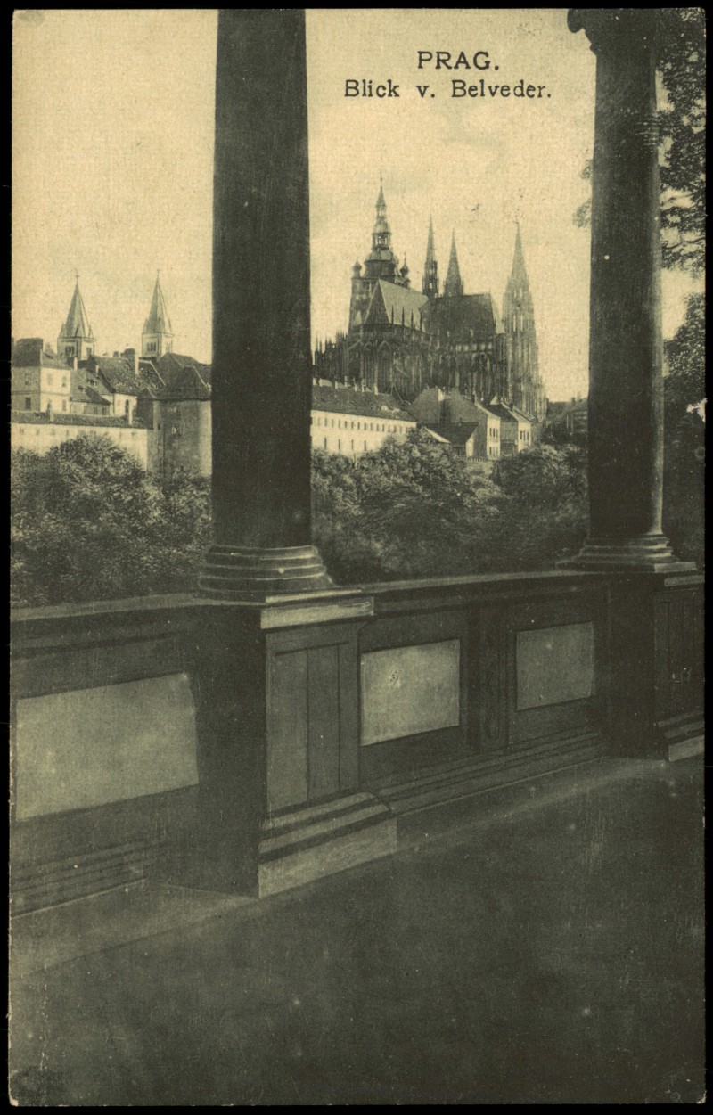 vergrößern: Bildseite historische Ansichtskarte von 1916: Blick v. Belveder:: Prag
