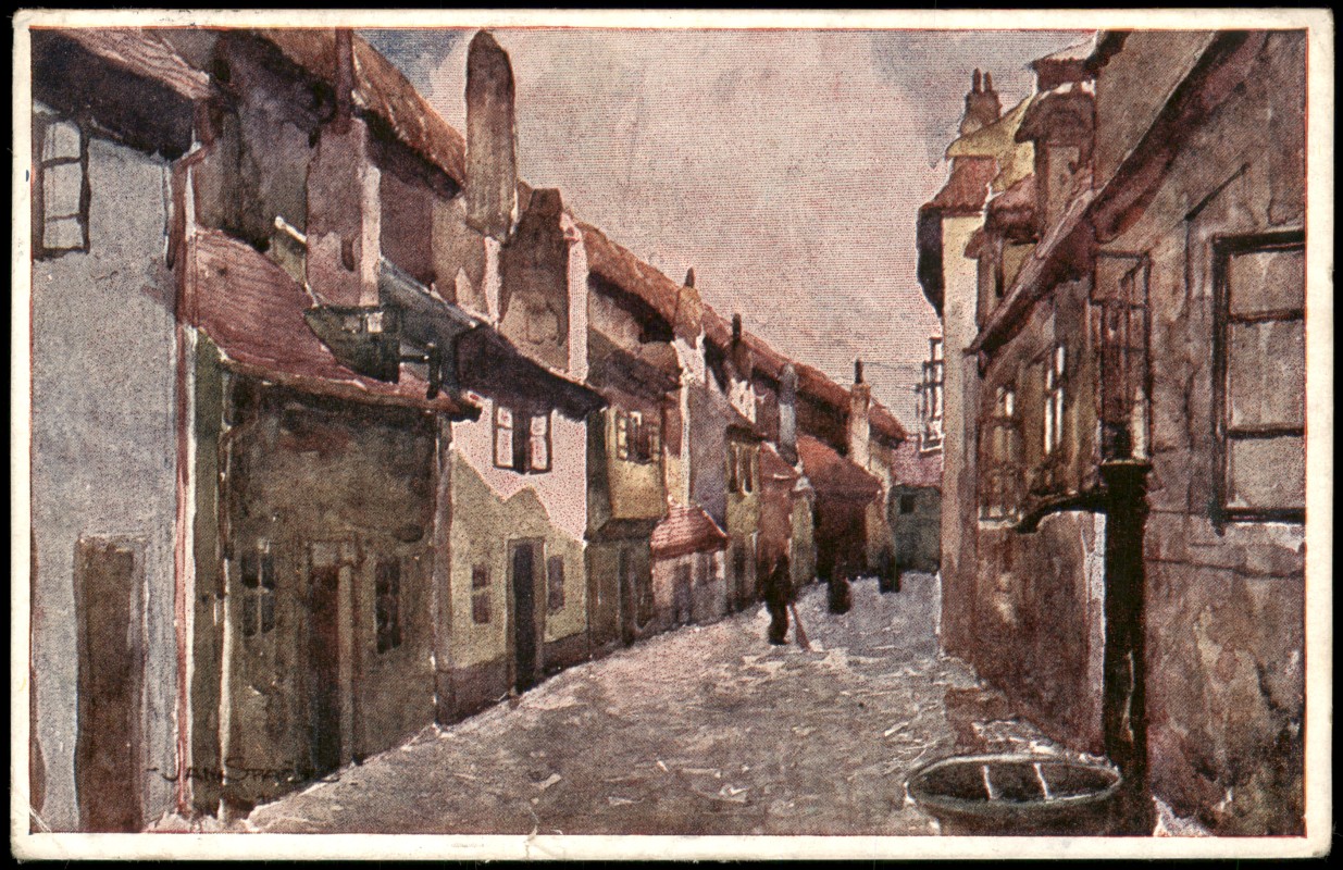 vergrößern: Bildseite historische Ansichtskarte von 1920: Hradčany Hradshin The Golden Lane Künstlerkarte:: Prag