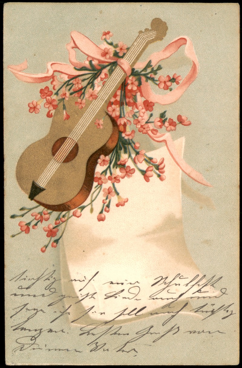 zoom: Image side vintage Postcard from 1909: Gitarre mit rosa Blüten und Schleife::