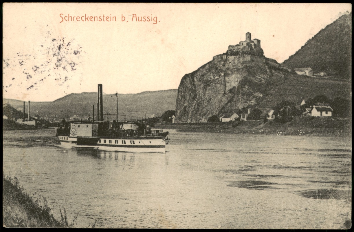 vergrößern: Bildseite historische Ansichtskarte von 1910: Elbe Dampfer Schiff a.d. Burg Schreckenstein:: Schreckenstein (Elbe)-Aussig