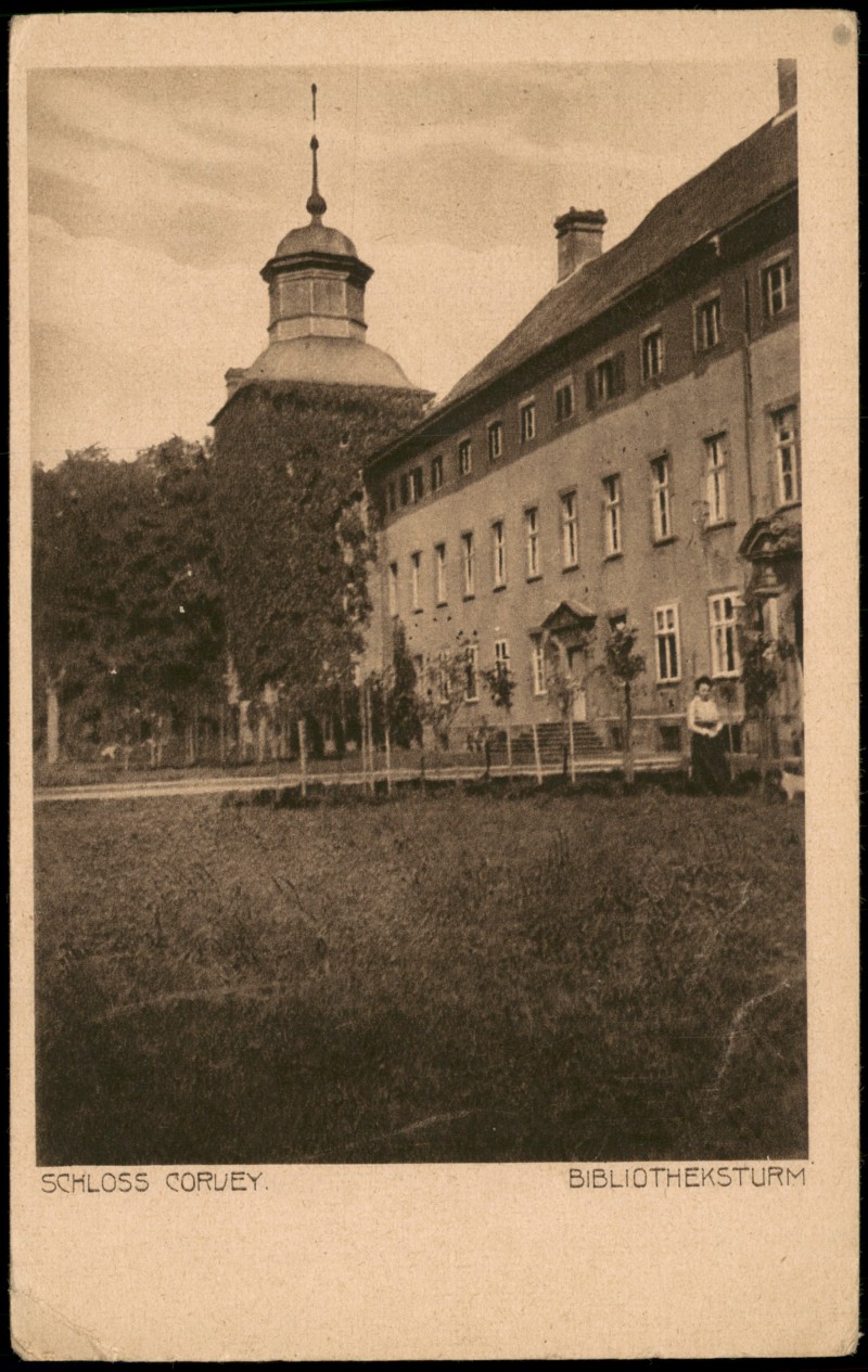 zoom: Image side vintage Postcard from 1920: SCHLOSS mit dem BIBLIOTHEKSTURM:: Höxter (Weser)