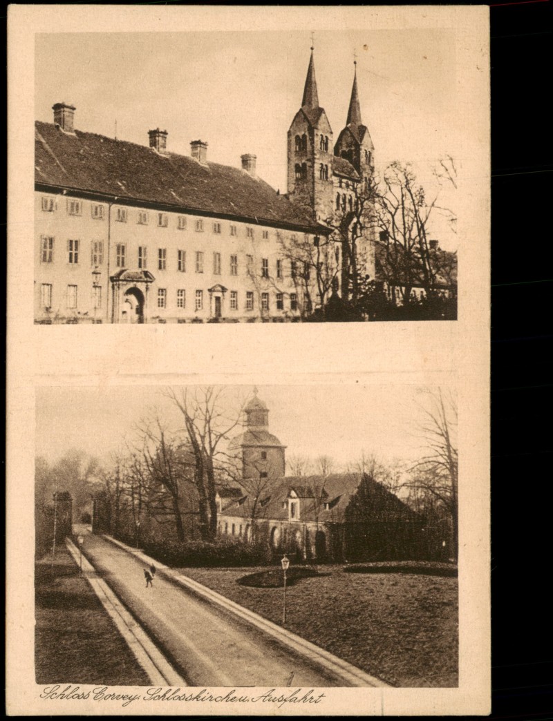 zoom: Image side vintage Postcard from 1920: Schloß Kloster Corvey mit Kirche und Ausfahrt (2-Bild-AK):: Höxter (Weser)