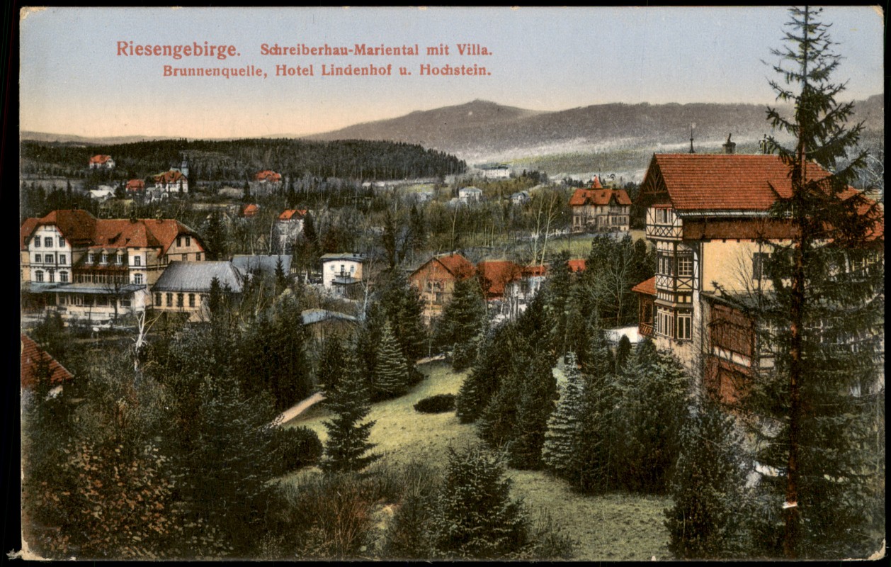 zoom: Image side vintage Postcard from 1913: Villa, Hotel Lindenhof u. Hochstein.:: Mariental-Szklarska Poręba