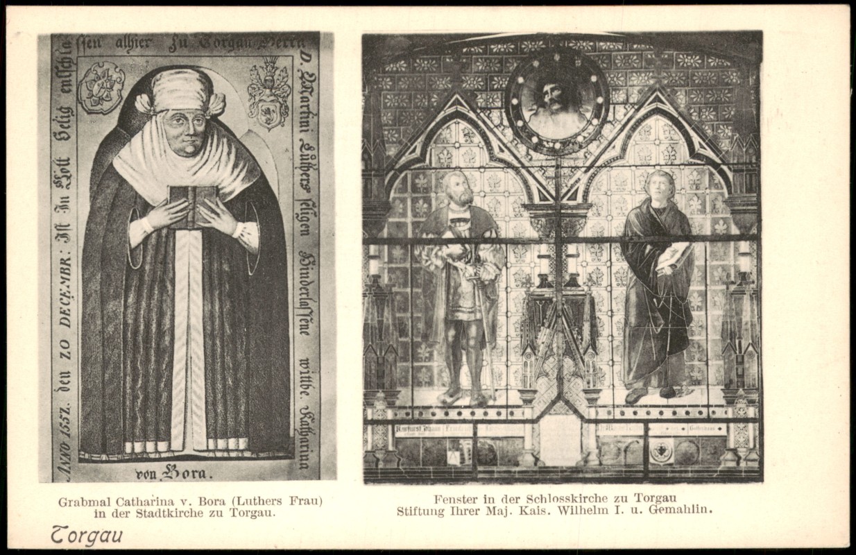 zoom: Image side vintage Postcard from 1918: 2 Bild Crabmal Stadtkirche u. Fenster:: Torgau