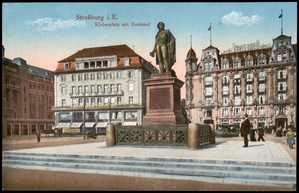 vergrößern: Bildseite historische Ansichtskarte von 1914: Kleberplatz mit Denkmal:: Straßburg