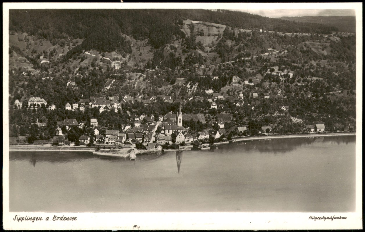 vergrößern: Bildseite historische Ansichtskarte von 1954: Luftbild Flugzeugaufnahme:: Sipplingen