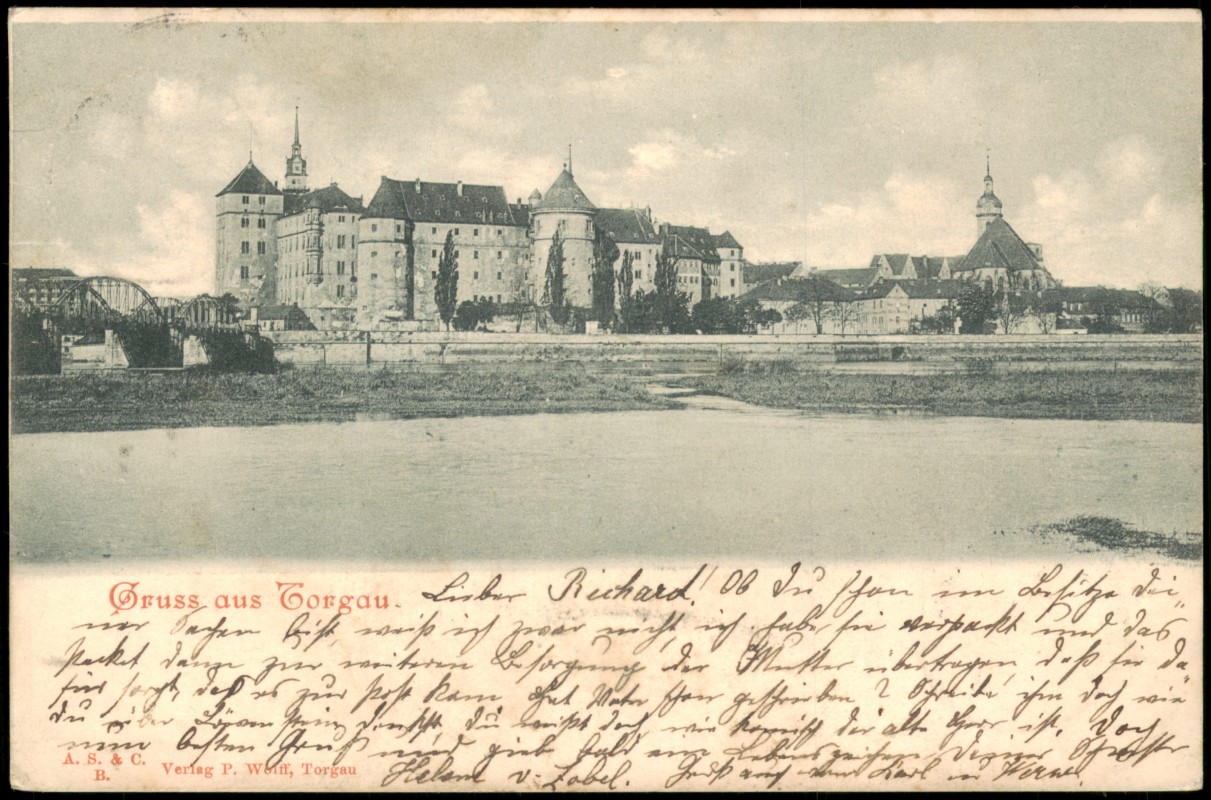 vergrößern: Bildseite historische Ansichtskarte von 1899: Schloss Hartenfels und Stadt:: Torgau