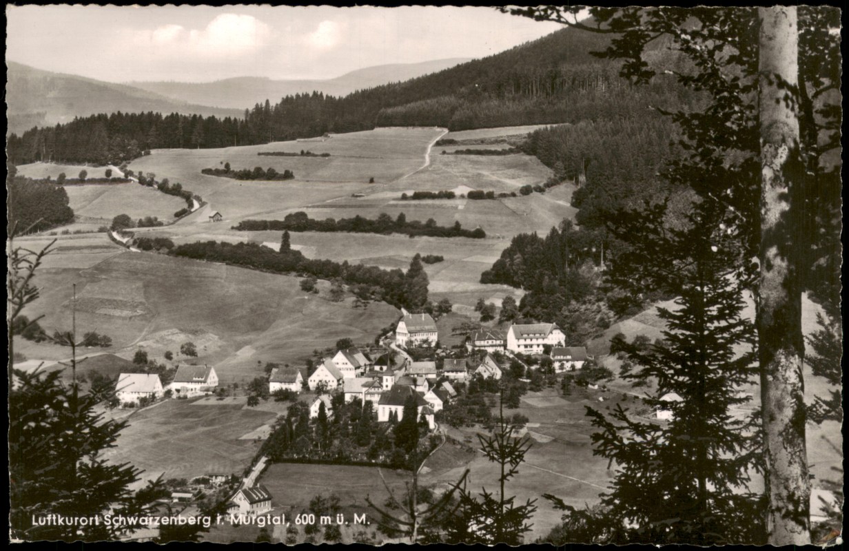 zoom: Image side vintage Postcard from 1961: Blick auf den Ort Fotokarte:: Schwarzenberg mit Schönmünzach-Baiersbronn