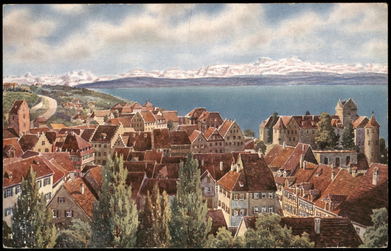 zoom: Image side vintage Postcard from 1916: Oberstadt und Schloß Blick auf das Gebirge Künstlerkarte:: Meersburg