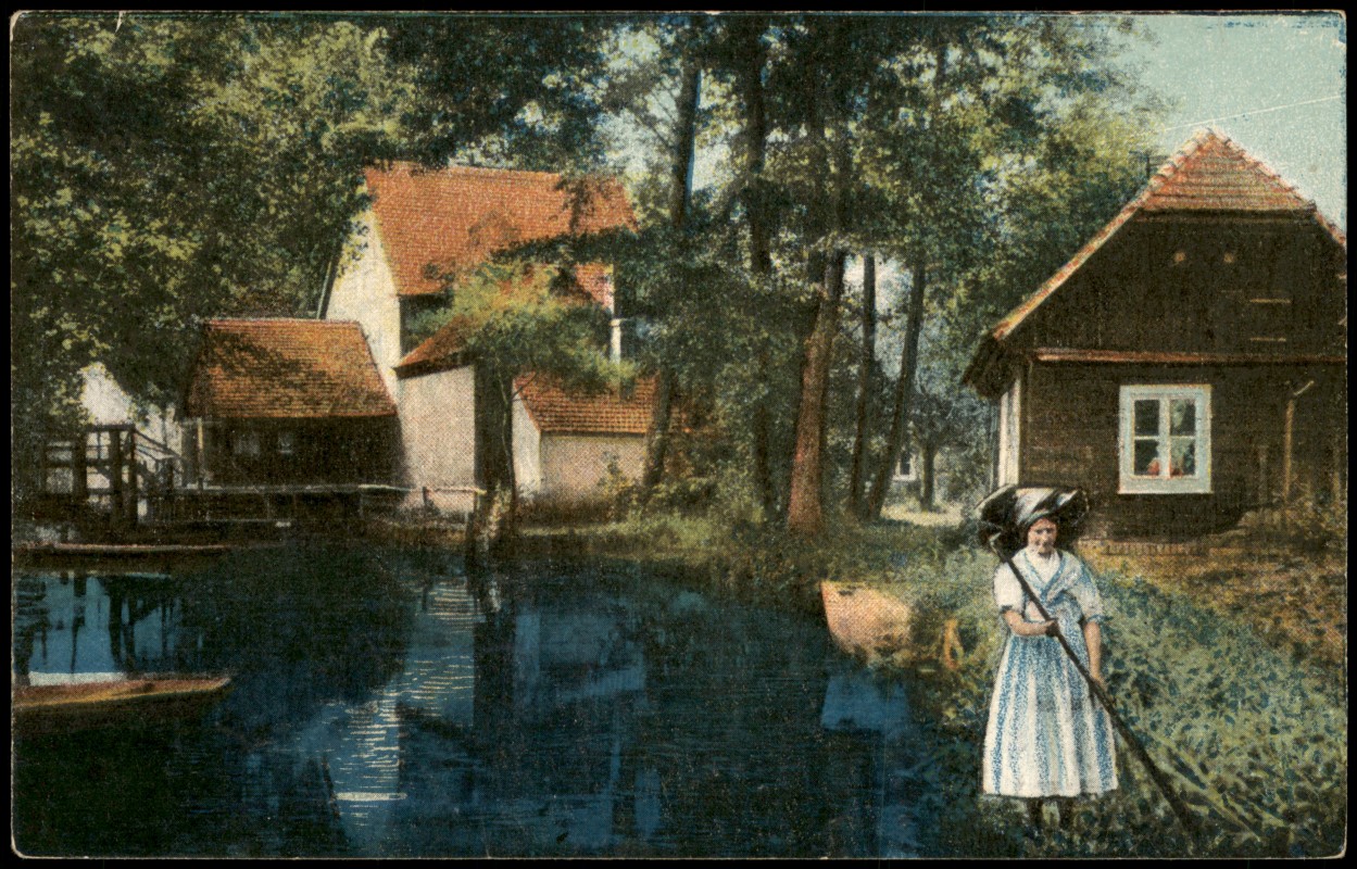 zoom: Image side vintage Postcard from 1918: Dupkowmühle im Spreewald Frau u. Kahn:: Leipe-Lubnjow