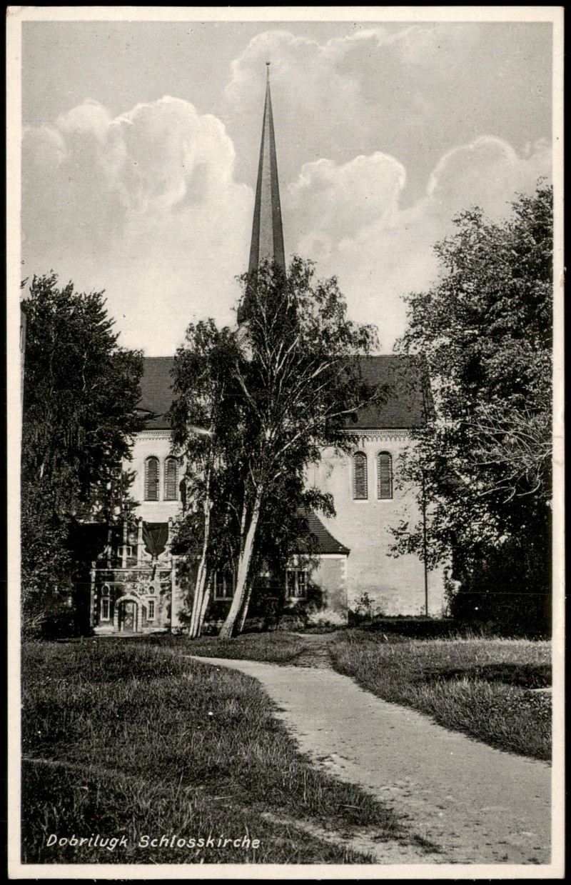 zoom: Image side vintage Postcard from 1930: Partie an der Kirche Schlosskirche:: Doberlug-Kirchhain